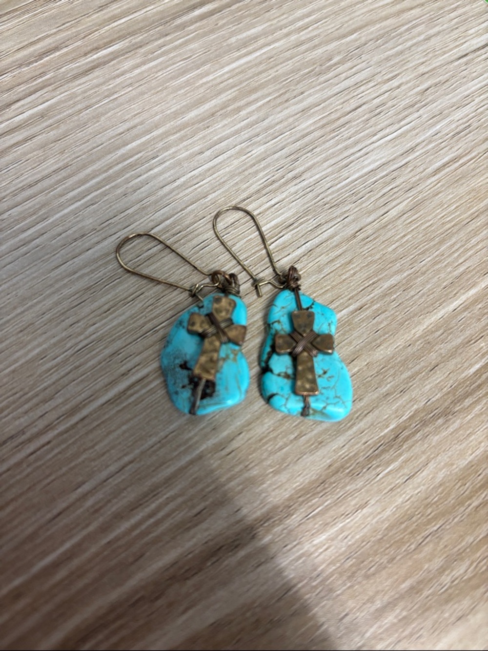 Plunder Turquoise Stone Earrings with Brass Cross Accents